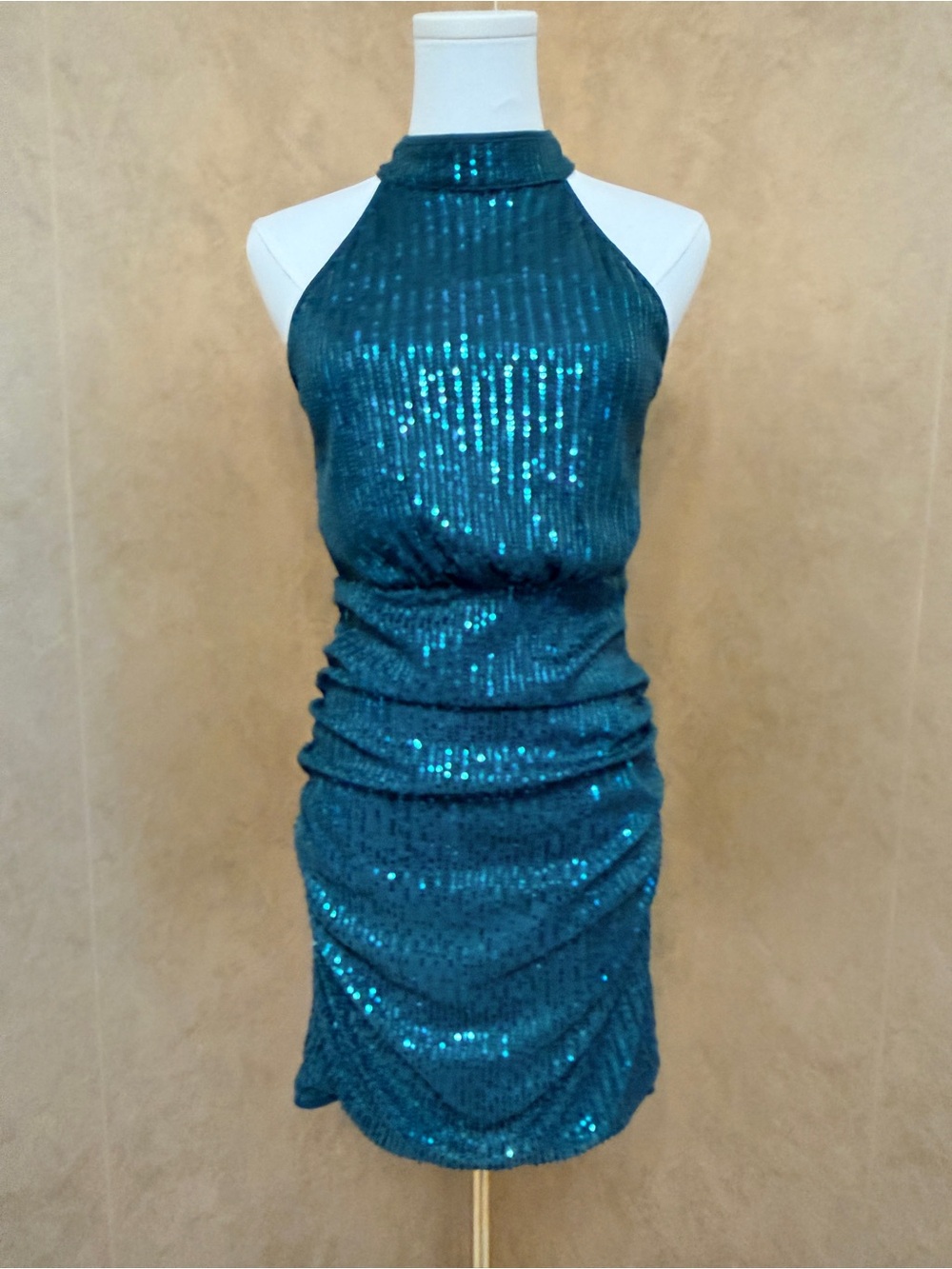 SHEIN Green Sequin Halter Mini Dress